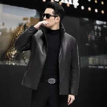 Новая зимняя мужская куртка из натуральной кожи, мужская куртка из овчины, воротник-стойка, утолщенное пальто из овчины, короткий фасон M