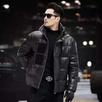 Новая зимняя мужская куртка из натуральной кожи, куртка из овчины с воротником-стойкой, мотоциклетная куртка, утолщенная куртка из овчины M