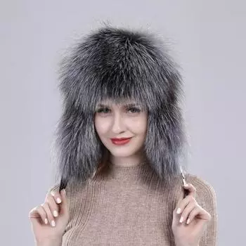 Новая зимняя мужская шапка-бомбер из 100% натурального меха чернобурки, шапка-ушанка из меха енота, русские женские лыжные шапки, шапки из натуральной кожи 52cm-60cm серый