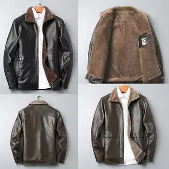 Новая зимняя мужская теплая кожаная куртка мужская куртка с боковыми карманами ветрозащитная плюшевая подкладка мотоциклетные байкерские кожаные пальто верхняя одежда 52 чёрный