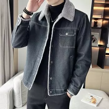 Новая зимняя мужская утолщенная куртка из шерпы, джинсовая ткань плюс бархатный топ с лацканами, повседневная модная куртка больших размеров M чёрный