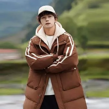 Новая зимняя мужская утолщенная подростковая теплая куртка средней и длинной длины с капюшоном S