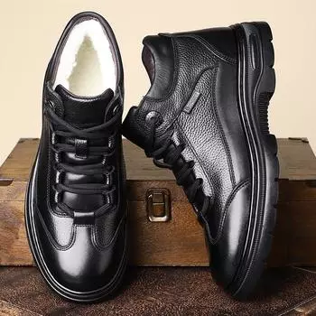 Новая зимняя обувь для мужчин, шерстяные ботинки, натуральная кожа, теплая плюшевая повседневная обувь, нескользящие зимние ботинки 38 чёрный