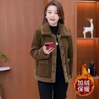Новая зимняя одежда для мам, флисовая утолщенная теплая куртка, одежда для женщин среднего и пожилого возраста с хлопковой подкладкой, иностранный свободный топ из овечьей шерсти L (recommended 80-52.5 kg)