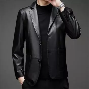 Новая зимняя одежда, мужской кожаный костюм на пуху, модная повседневная теплая куртка для молодежи и среднего возраста, костюм для папы из коровьей кожи 170