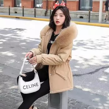 Новая зимняя одежда, новый съемный меховой воротник, свободный капюшон, затягивающийся шнурок, утолщенный бархатный пирог, чтобы преодолеть тонкую куртку для женщин M чёрный