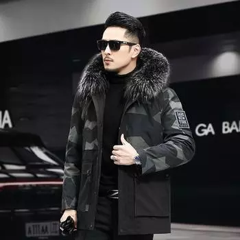 Новая зимняя парка для мужчин со съемной подкладкой из меха кролика, воротником из меха енота, мех средней длины L
