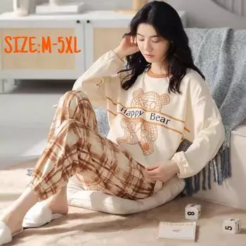 Новая зимняя пижама женская осенне-зимняя с длинными рукавами, свободная домашняя одежда, свободный комплект из двух предметов большого размера, можно носить на улице M