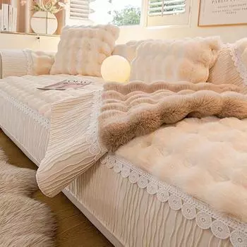 Новая зимняя плюшевая подушка для дивана с кроликом, утолщенная осенне-зимняя плюшевая подушка для сиденья, нескользящий кожаный чехол для дивана 70x70cm