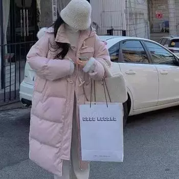 Новая зимняя пуховая хлопковая одежда с роговой пряжкой, женская, средняя и длинная, утолщенная, с большим меховым воротником и капюшоном, утолщенная куртка черного цвета S чёрный