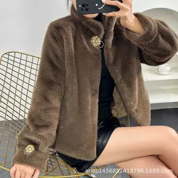 Новая зимняя пушистая куртка из норки, бархатная цельная меховая куртка, утолщенная модная куртка с воротником-стойкой для мам из норки, бархатная L бронзовый