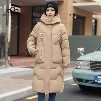 Новая зимняя съемная шапка, одежда с хлопковой подкладкой, женское длинное пальто выше колена, модное утолщенное пальто средней длины с хлопковой подкладкой, женское пальто M чёрный