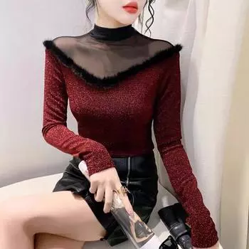 Новая зимняя сетчатая футболка с длинными рукавами для женщин с темпераментом, универсальная тонкая базовая рубашка M