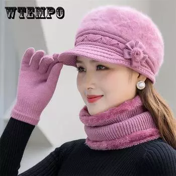 Новая зимняя шапка для матери, элегантная женская толстая теплая шапка в полоску Skullies Gorras, украшенная цветком, вязаная шерстяная шапка