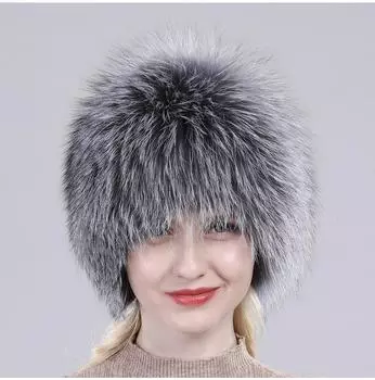 Новая зимняя шапка из натурального меха для России, теплая вязаная женская шапка-бомбер из натурального меха лисы, женская роскошная шапка из 100% натурального меха лисы Good elasticity чёрный/белый