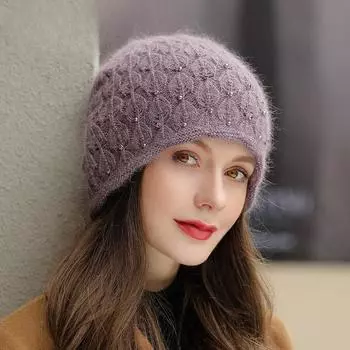 Новая зимняя шапка, теплая шапка-бини для женщин, элегантная вязаная шапка с жемчужным украшением, подарок для женщин M56-58cm чёрный