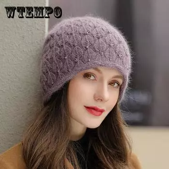 Новая зимняя шапка, уличная модная вязаная шапка из кроличьего меха, толстая теплая шапка-бини для женщин, элегантное украшение с жемчугом, женский подарок M56-58cm хаки