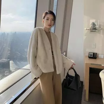 Новая зимняя свободная и тонкая шуба из флиса скандинавской норки, женская короткая шуба из искусственного норки для молодых женщин с v-образным вырезом S