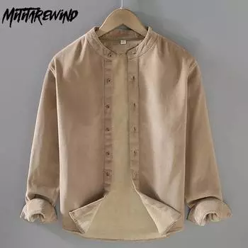 Новая зимняя теплая мужская рубашка с длинным рукавом, повседневные рубашки, однотонная вельветовая флисовая рубашка с воротником-стойкой, простая теплая мужская одежда M зелёный