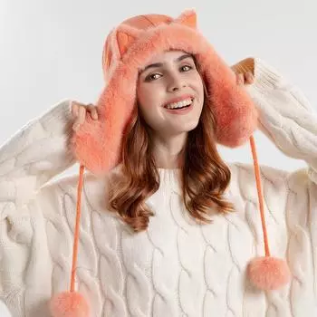 Новая зимняя теплая шапка, женская флисовая защита ушей, пуловер с кошачьими ушками, корейская версия, универсальная шапка с защитой от холода розовый