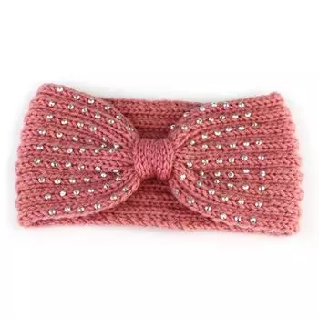 Новая зимняя теплая вязаная повязка на голову с бантом и стразами для женщин и девушек, европейская однотонная повязка-тюрбан для волос