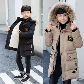 Новая зимняя толстая куртка с капюшоном для мальчиков, парка с меховым воротником, зимний комбинезон, пальто средней длины, теплая защита от холода, пуховые хлопковые куртки 120cm светло-коричневого