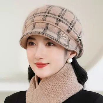 Новая зимняя толстая теплая вязаная шапка с длинным шарфом для женщин, дополненная меховой подкладкой для матери среднего возраста, панама из меха кролика hat only хаки