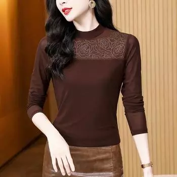 Новая зимняя тонкая и универсальная однотонная рубашка с длинным рукавом и принтом Iron Diamond, женская футболка-топ M