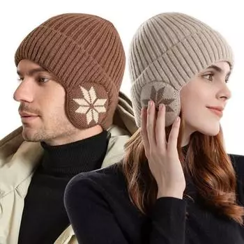 Новая зимняя вязаная шапка унисекс на меховой подкладке с ушами Модные шапки-бини Классическая согревающая шапка для улицы Уличные морозостойкие шерстяные шапки для защиты ушей 56cm-60cm чёрный