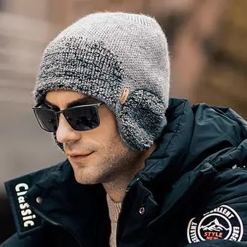 Новая зимняя вязаная шапка унисекс с защитой ушей, модная мягкая шапка-бини для мужчин и женщин, спортивная шапка-ушанка для спорта на открытом воздухе, классическая согревающая шапка 55cm-62cm чёрный