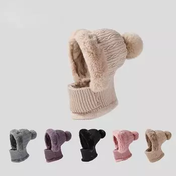 Новая зимняя вязаная шапка в полоску, шарф унисекс, бархатные цельные теплые шапочки, женские шерстяные шапки для защиты шеи и ушей 56-58cm розовый