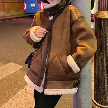 Новая зимняя замшевая куртка с мехом из овечьей шерсти женская мотоциклетная куртка из овечьей шерсти хлопковая одежда S темно-коричневого