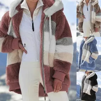 Новая зимняя женская модная куртка с капюшоном, теплая плюшевая свободная куртка для женщин, зимняя верхняя одежда в стиле пэчворк, женская парка на молнии из искусственного меха, пальто больших размеров S хаки