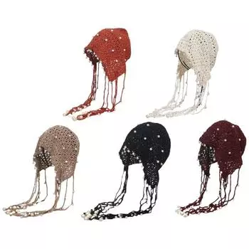 Новая зимняя женская шапка на все сезоны вязаная шапка-бини женская вязаная крючком жемчужная шапка Skullies шапки винтажные женские кисточки шапки для женщин 56-58cm чёрный