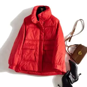 Новая зимняя женская свободная утолщенная куртка на пуху 2024 года, легкая тонкая белая куртка на утином пуху One size красный