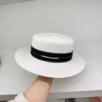 Новая знаменитость в Интернете летняя шляпа с плоским верхом соломенная шляпа женская маленькая плоская шляпа с британским козырьком от солнца защита от солнца пляжный отдых универсальный M56-58cm чёрный