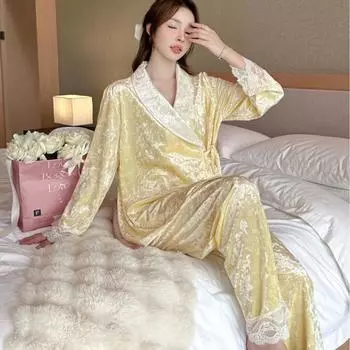 Новая Золотая Розовая Бархатная Пижама для Женщин Зимняя Однотонная Длинная Рукава Теплая Пижама Пижама Подарок M