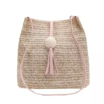 Новейшая летняя пляжная женская сумка из соломенной ткани с деревянным шариком и кисточкой, сумка на плечо коричневый