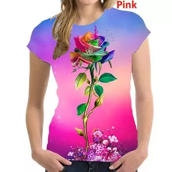 Новейшая мода летние женские повседневные топы с коротким рукавом и принтом роз с круглым вырезом футболка S