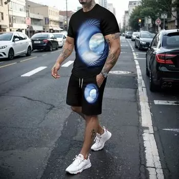 Новейшая мужская футболка с 3D узором неба, шорты для спорта и фитнеса, летний уличный повседневный комплект из двух предметов, мужская модная одежда XXXL