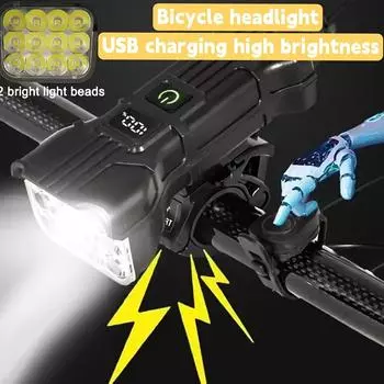 Новейшая яркая велосипедная фара с возможностью зарядки через USB, 12-светодиодным цифровым дисплеем для отображения выходной мощности и встроенным динамиком. чёрный