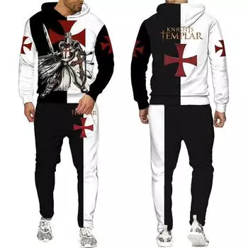 Новейшая толстовка с 3D принтом рыцарей тамплиеров/набор в стиле Харадзюку, уличная одежда в стиле хип-хоп, костюм, крутые мужские толстовки + брюки, спортивный костюм, комплект S белый