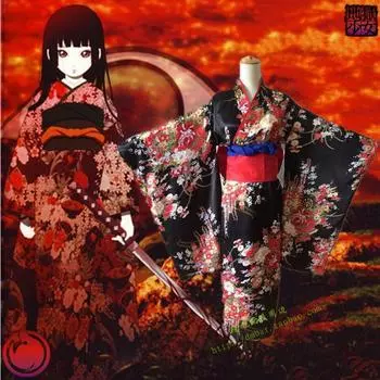 Новейшее аниме Jigoku Shoujo Mioyosuka Косплей Кимоно Черное Цветочное Японское Кимоно Платья Для Женщин Плюс S