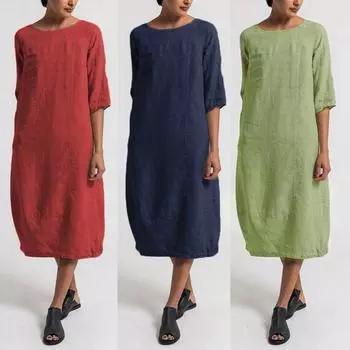 Новейшее винтажное летнее женское однотонное льняное мягкое свободное платье миди с круглым вырезом и половиной рукавов