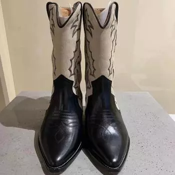 Новейшие ботинки в стиле вестерн с острым носком, черно-белые кожаные сапоги до середины икры на массивном каблуке, сапоги разного цвета с вышивкой для верховой езды 35 чёрный