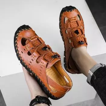 Новейшие летние мужские сандалии, модная мужская повседневная обувь, брендовые дышащие пляжные мокасины ручной работы из натуральной кожи, большой размер 38-47 38