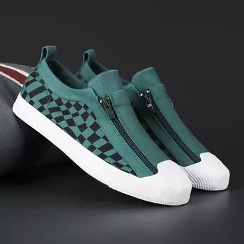 Новейшие поступления, летние модные клетчатые зеленые холщовые мужские мокасины, повседневные вулканизированные туфли для мужчин, туфли на плоской подошве с застежкой-молнией, эспадрильи 2022 г. 38