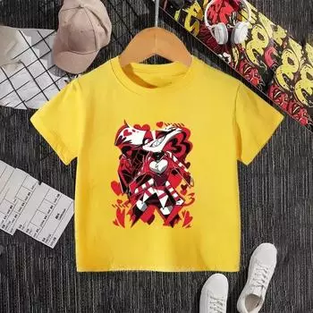 Новейшие поступления. Яркие принты в стиле аниме «Отель Хазбин» украшают простые эластичные футболки. Идеально подходят для стильных футболок для мальчиков и девочек. 110