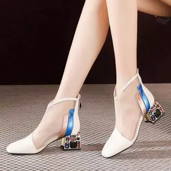 Новейшие сетчатые босоножки, женские ботильоны из сетки на лето, туфли на среднем каблуке со стразами и понтированным носком, черные туфли-лодочки с застежкой-молнией сзади 35