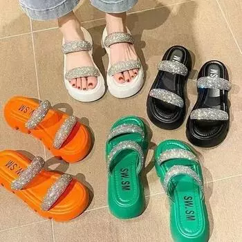 Новейшие уличные модные сандалии, женские непромокаемые туфли на платформе с толстой подошвой и стразами, летние пляжные сандалии ярких цветов 35